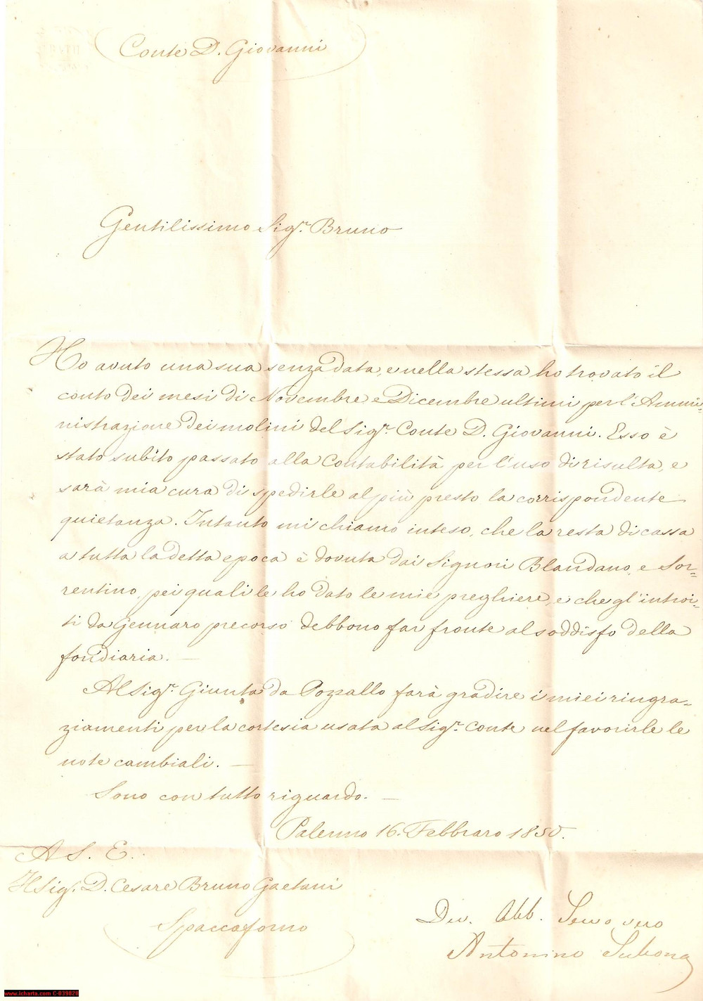 Manoscritto, lettera originale 1850 PALERMO Lettera amministratore Antonino SCIBONA 1