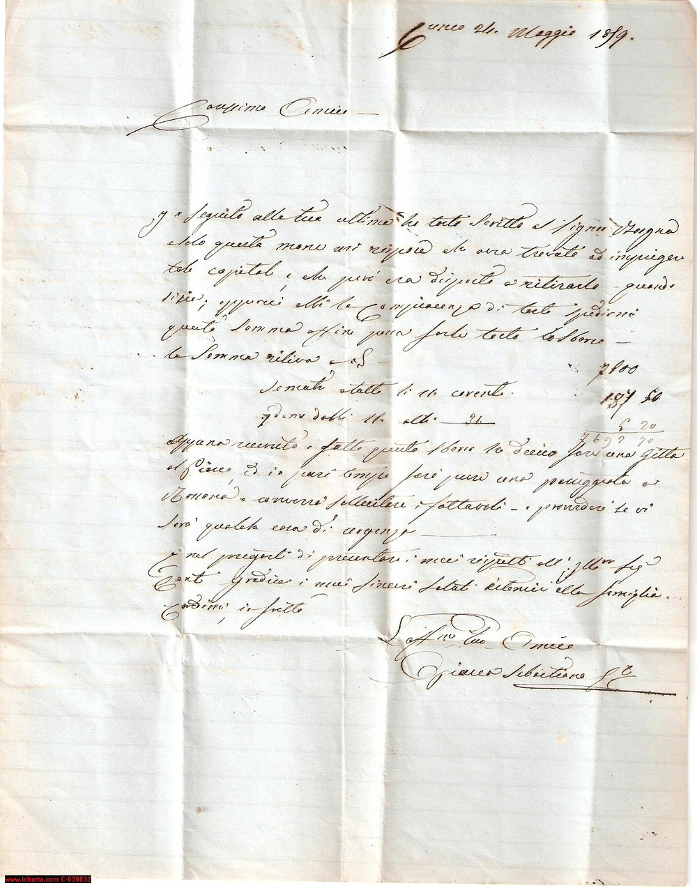Documento originale, autentico 1859 CUNEO Affari di Sebastiano OPIANA e Gianni COCITO 1