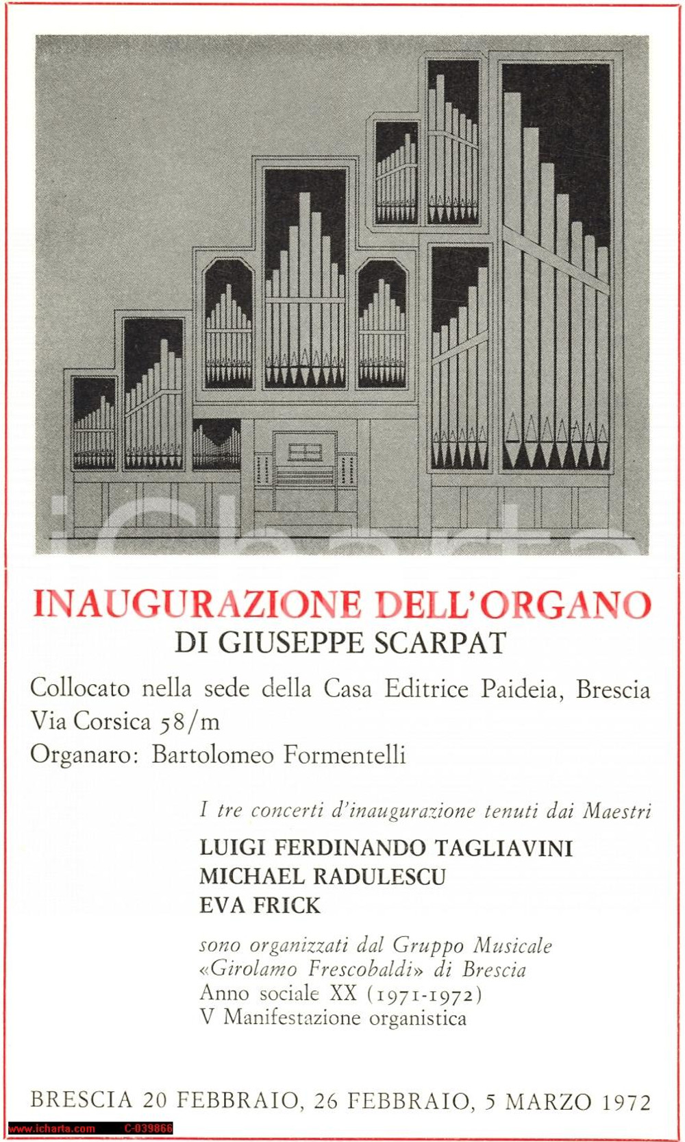 Oggetto da collezione cartaceo 1972 BRESCIA Inaugurazione organo Giuseppe SCARPAT 1