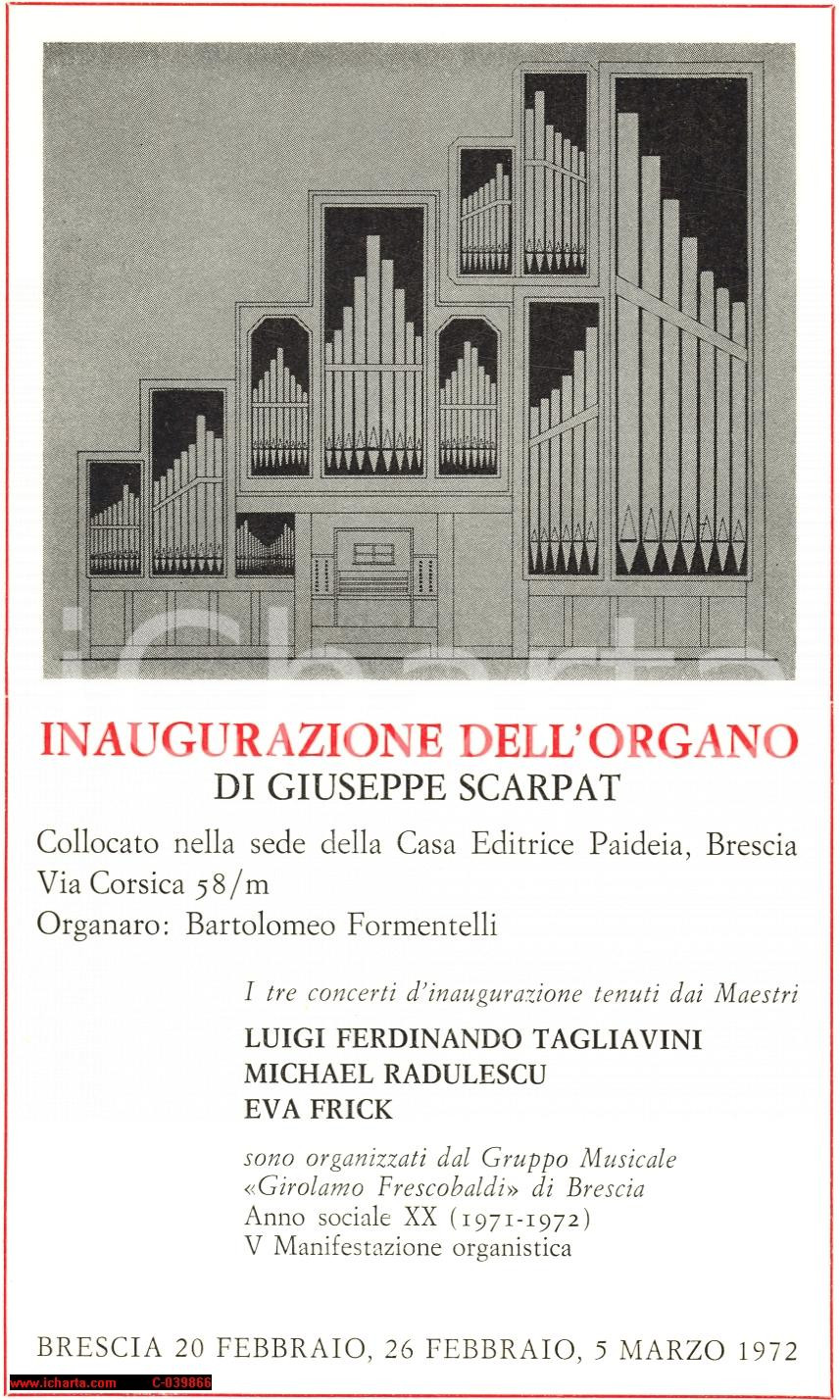 Oggetto da collezione cartaceo 1972 BRESCIA Inaugurazione organo Giuseppe SCARPAT programma concerti 1
