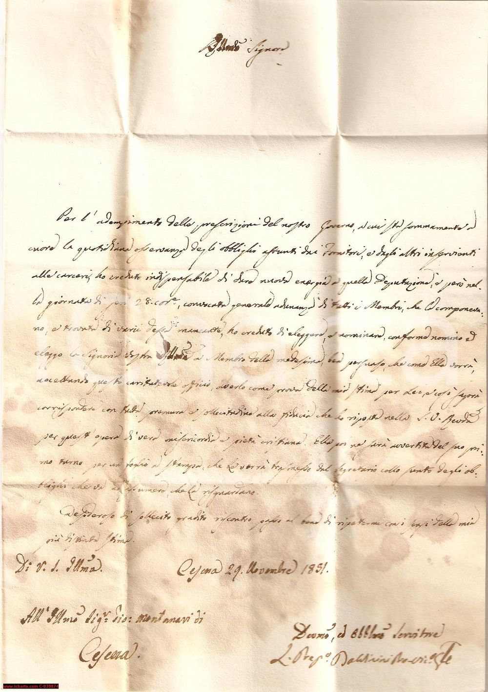 Manoscritto, lettera originale 1851 CESENA Giovanni MONTANARI alla Deputazione Carceri 1