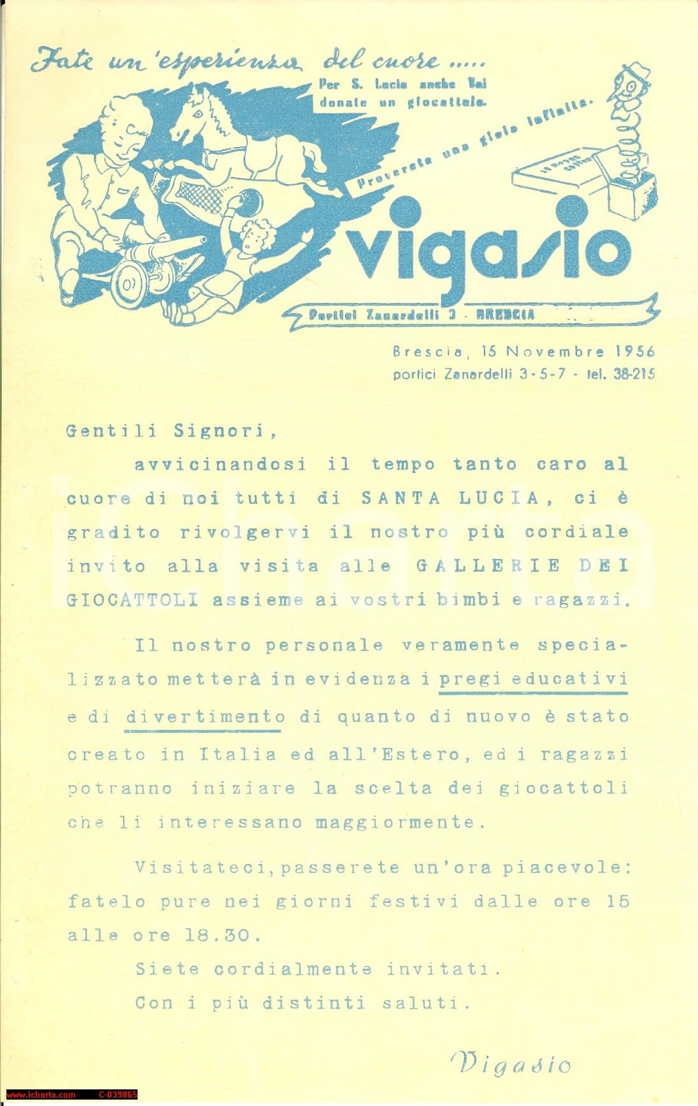Materiale pubblicitario d’epoca 1956 BRESCIA Giocattoli VIGASIO  festa SANTA LUCIA Lettera 1