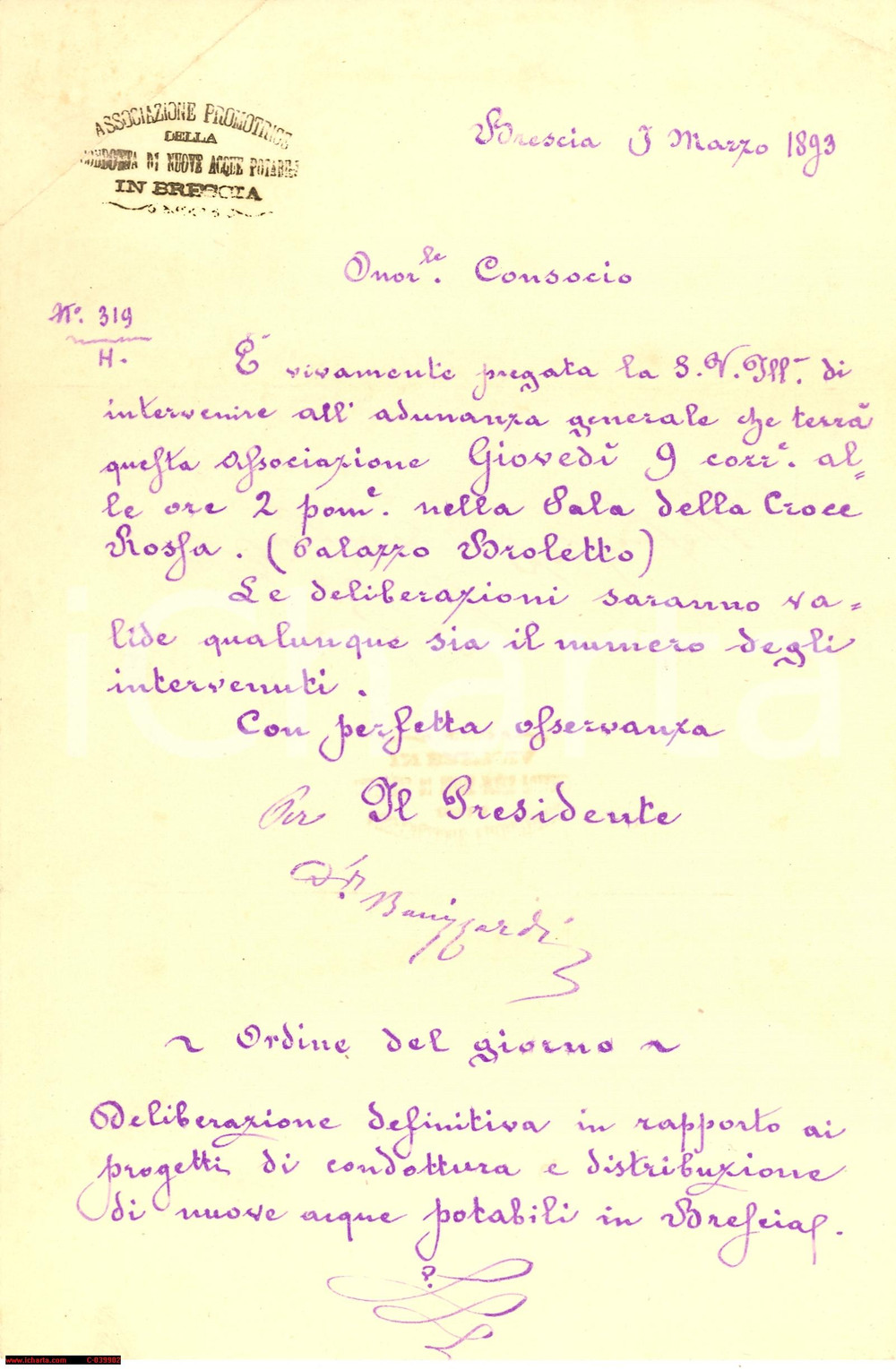 Documento originale, autentico 1893 BRESCIA Progetti conduttura nuove acque potabili 1