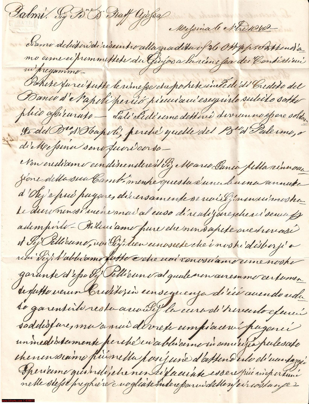 Manoscritto, lettera originale 1848 MESSINA Legno di acero per Francesco FIORENTINO 1
