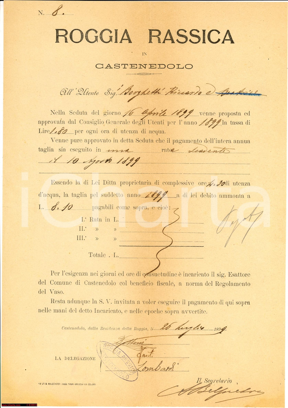 Documento originale, autentico 1899 CASTENEDOLO (BS) Uso delle acque Roggia Rassica 1