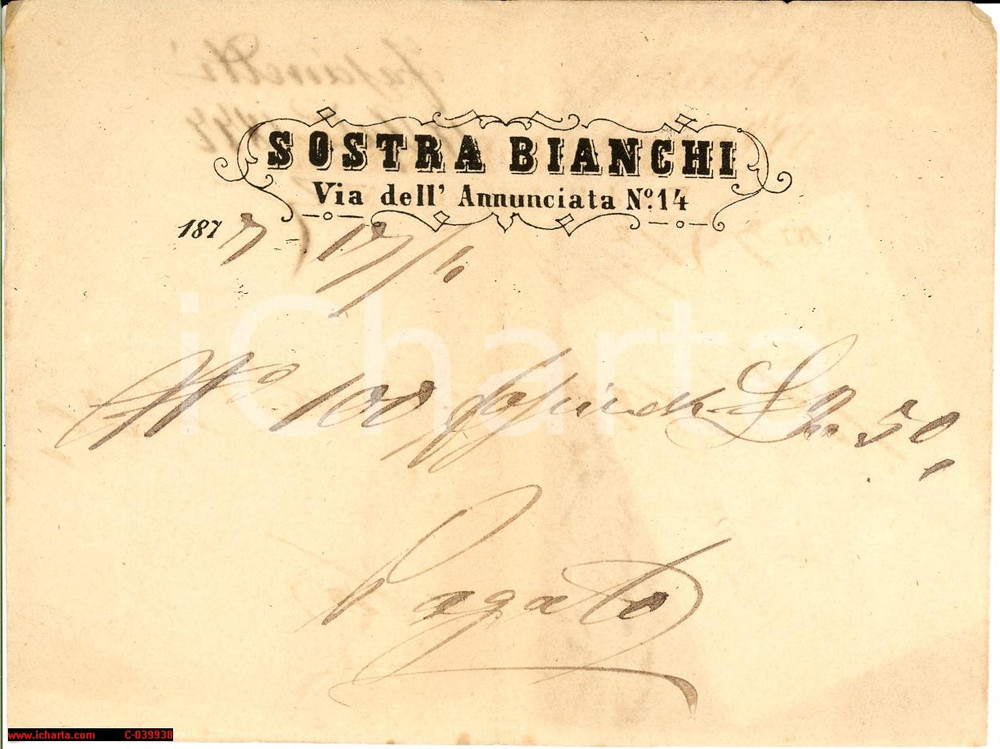 Documento originale, autentico 1877 MILANO VIA DELL ANNUNCIATA Sostra BIANCHI Ricevuta 1