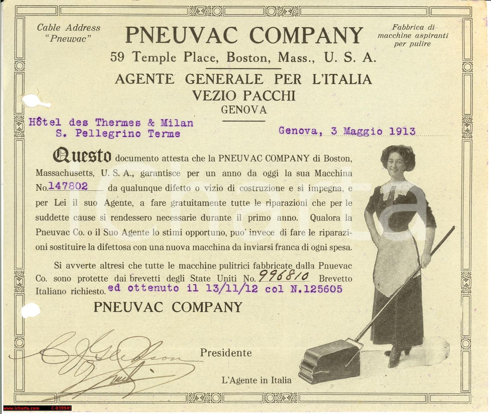 Documento originale, autentico 1913 SAN PELLEGRINO TERME BG Aspirapolvere PNEUVAC COMPANY 1