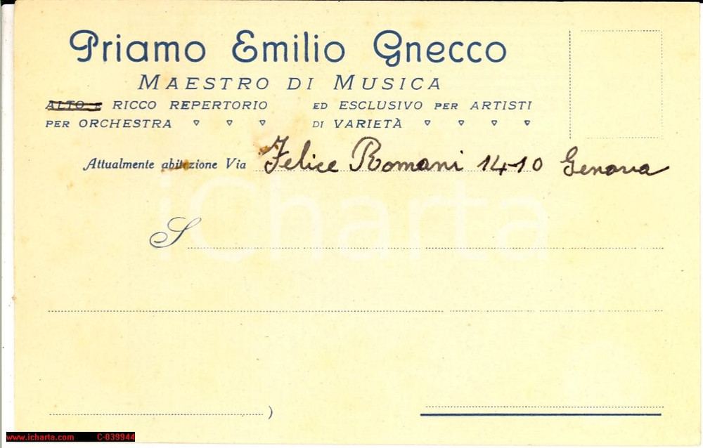 Oggetto da collezione cartaceo 1930 ca GENOVA Priamo Emilio GNECCO musicista Cartolina 1