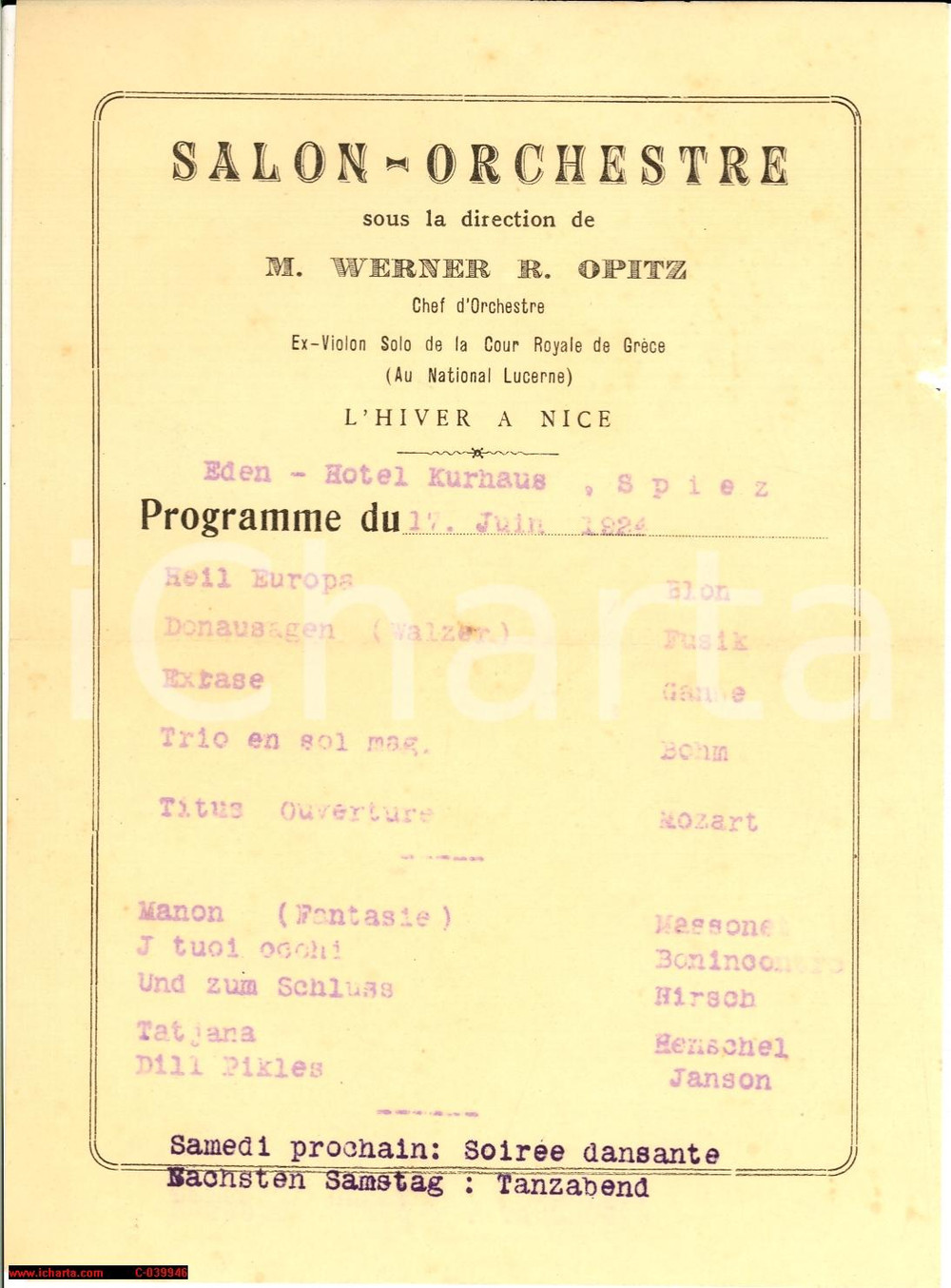 Oggetto da collezione cartaceo 1924 SPITZ CH Hotel EDEN Serata musicale Werner OPITZ 1
