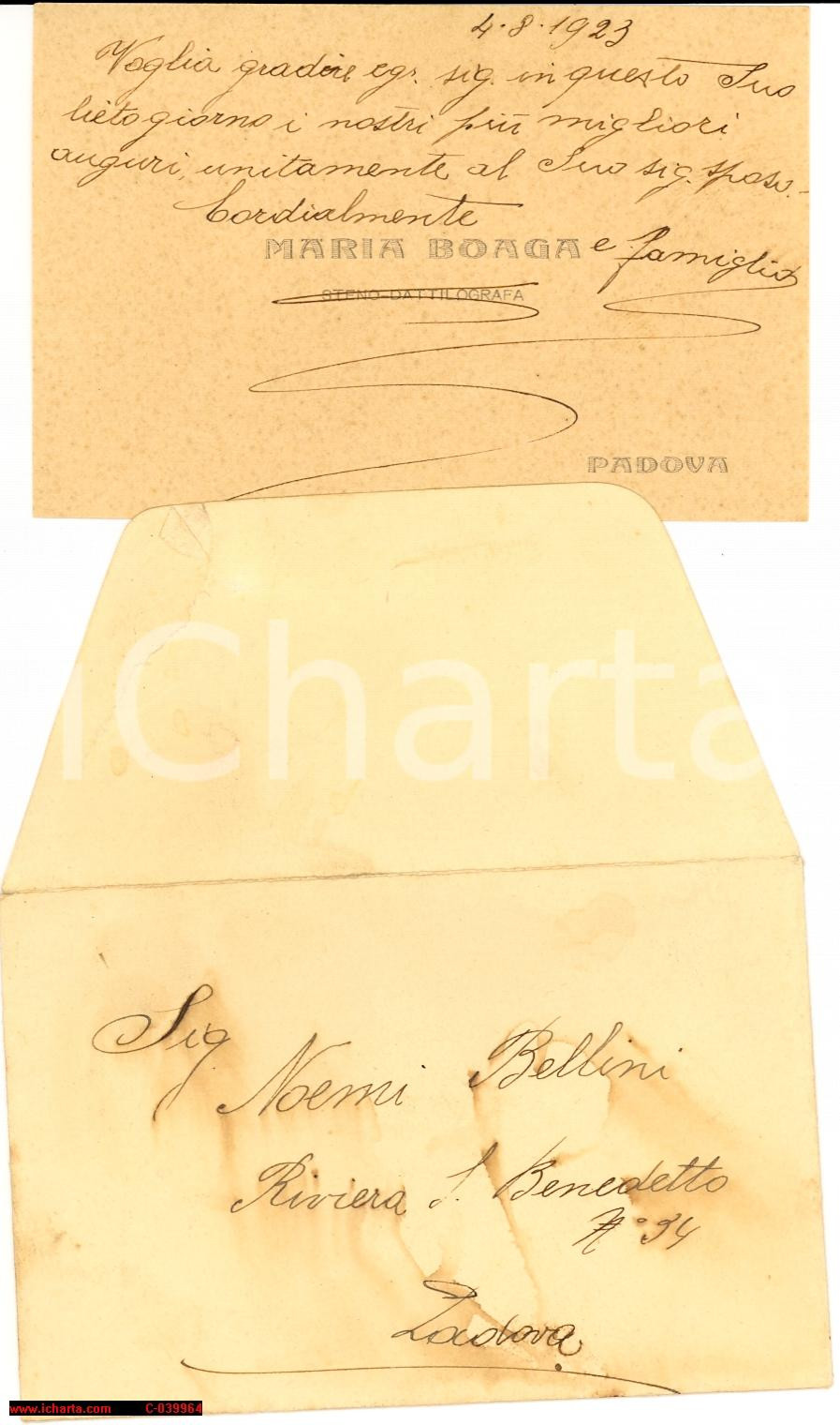 Oggetto da collezione cartaceo 1923 PADOVA Biglietto visita Maria BOAGA Dattilografa 1