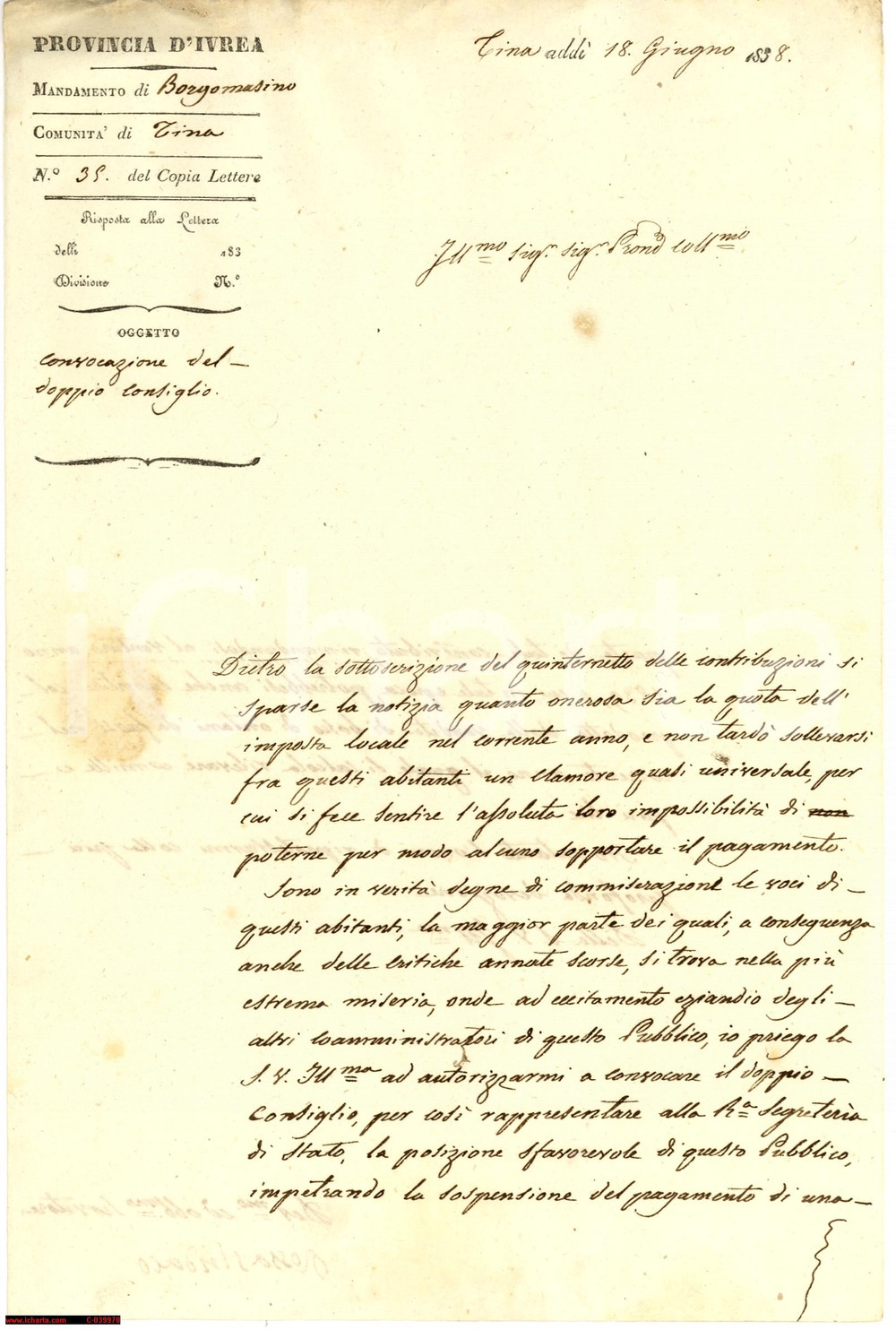 Documento originale, autentico 1838 TINA (TO) Cittadini in rivolta contro il fisco 1