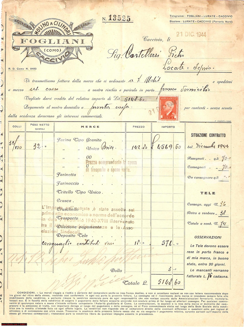 Documento originale, autentico 1944 LURATE CACCIVIO (CO) Molino a cilindri FOGLIANI 1