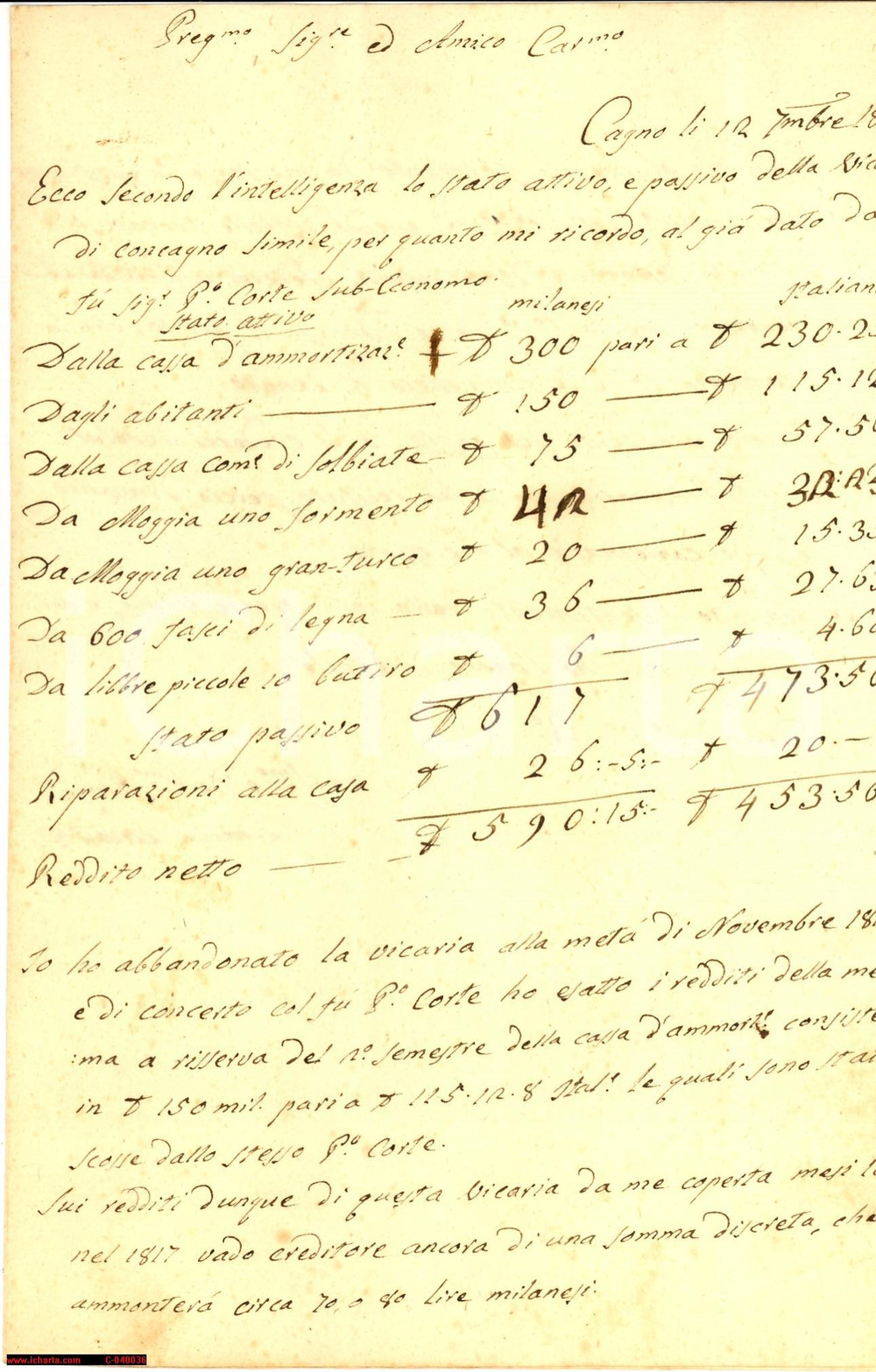 Documento originale, autentico 1818 CONCAGNO (VA) Conti della vicaria ANASTASI 1