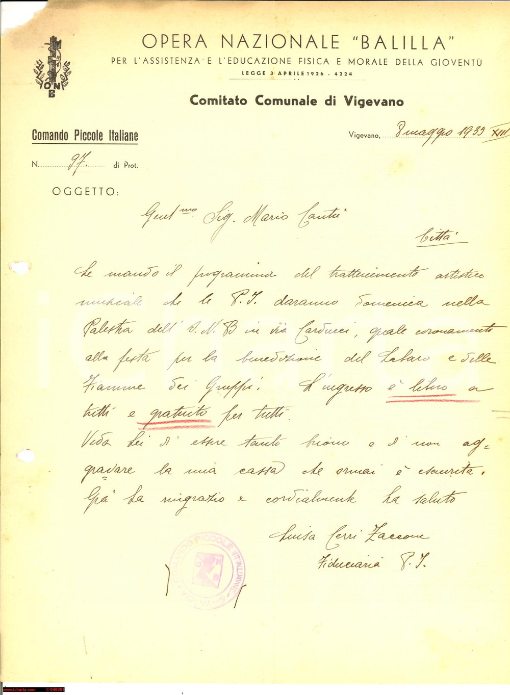 Documento originale, autentico 1935 ONB VIGEVANO (PV) Benedizione Labaro e Fiamme 1
