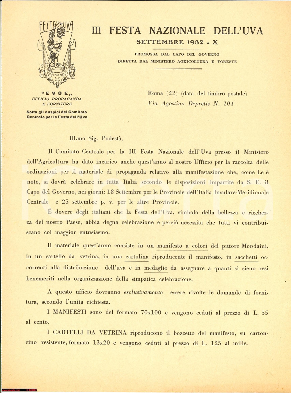 Documento originale, autentico 1932 ROMA III Festa Nazionale dell'Uva volantino 1