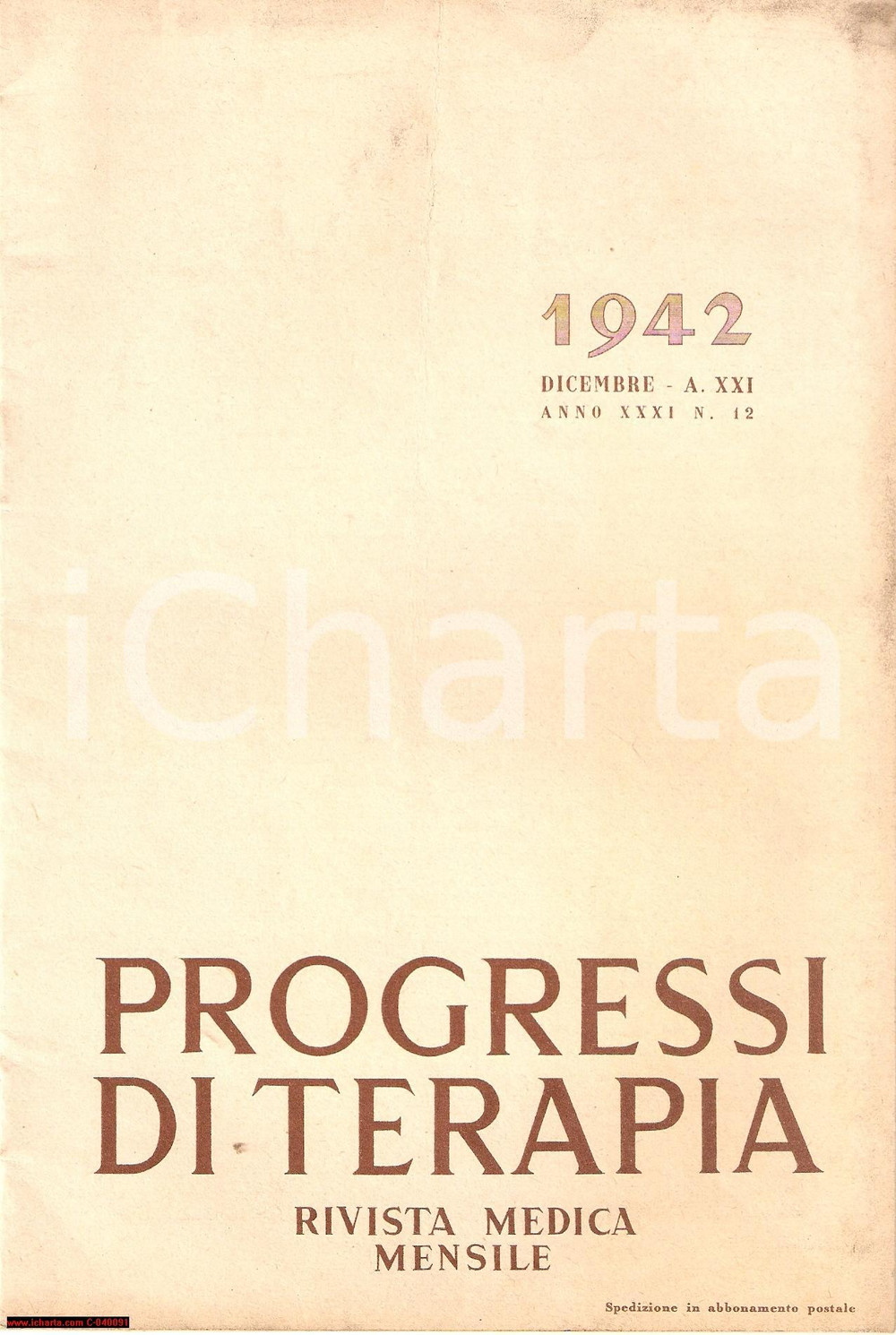 Giornale, rivista storica 1942 MILANO Progressi di Terapia Rivista Medica nÂ° 12 1