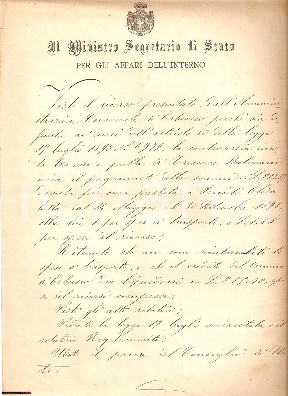 Documento originale, autentico 1899 TRESCORE BALNEARIO (BG) Controversia con ERBUSCO 1