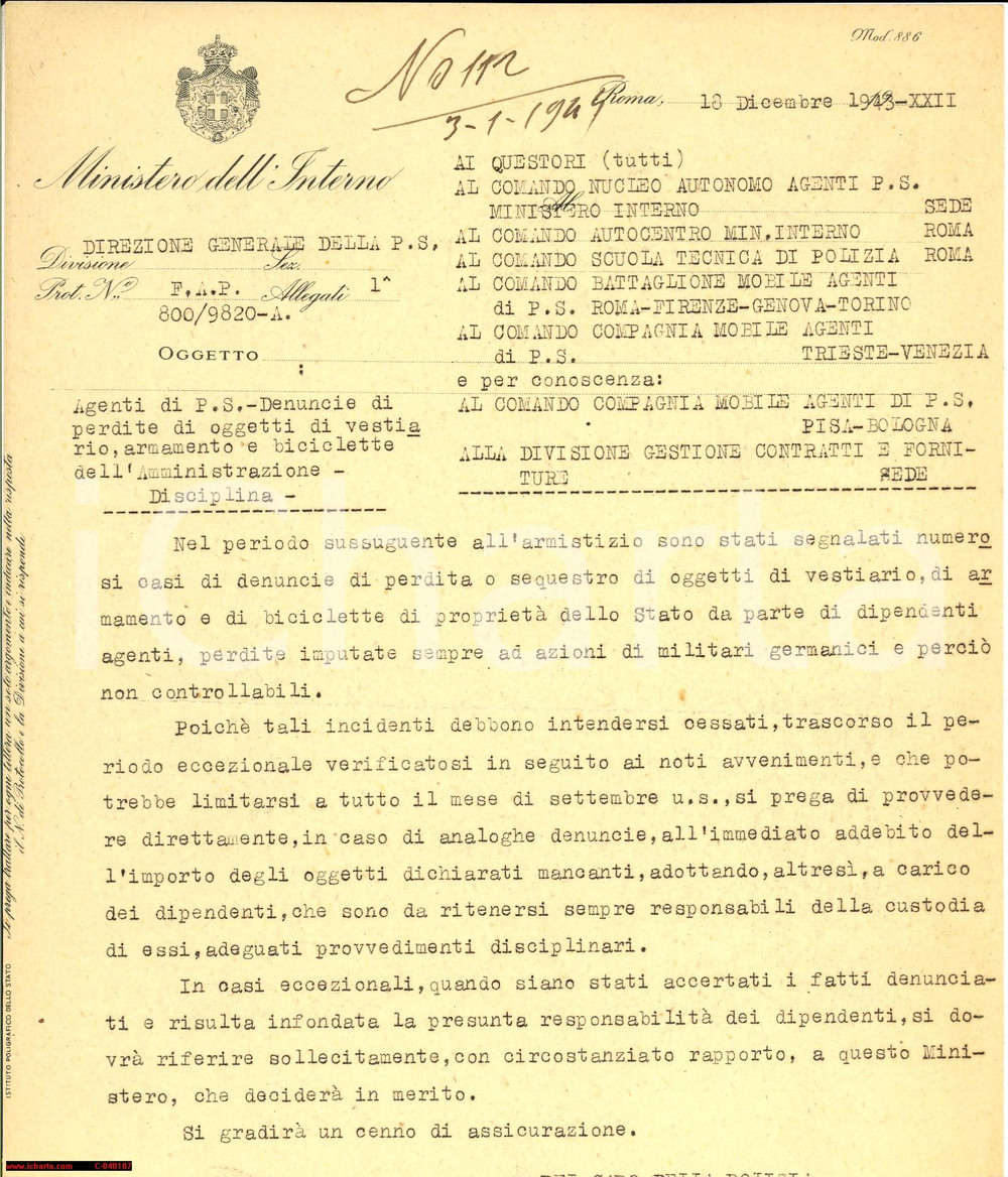 Documento originale, autentico 1943 ROMA Dipendenti pubblici rubano armi e biciclette 1