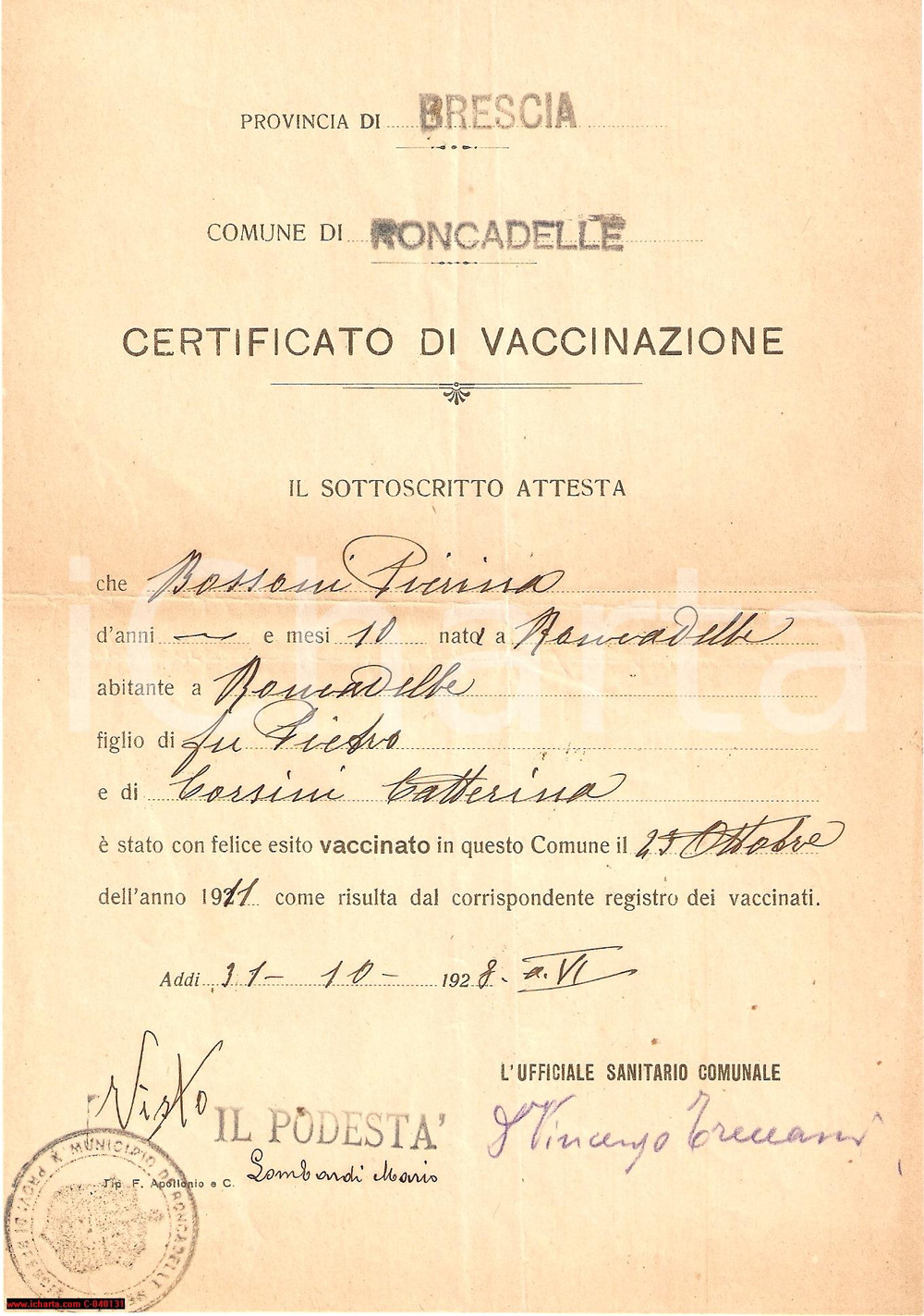 Documento originale, autentico 1928 RONCADELLE BS Vaccinazione di Pierino BOSSONI 1