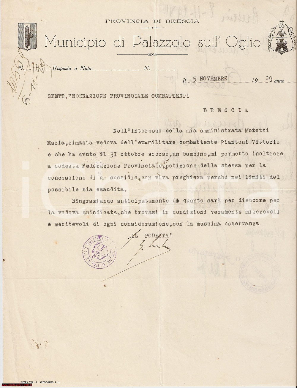 Documento originale, autentico 1929 ANC PALAZZOLO SULL'OGLIO Sussidio a vedova MOROTTI 1