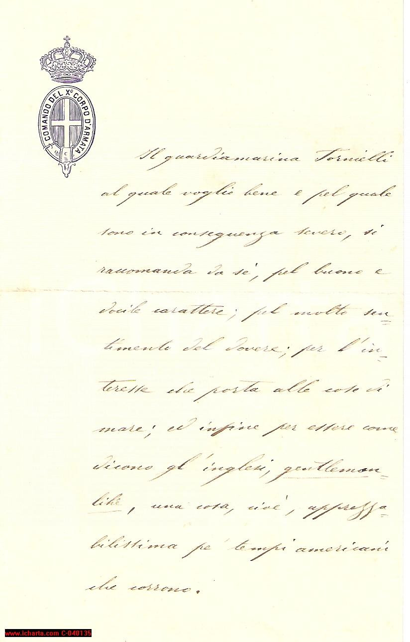 Manoscritto, lettera originale 1890 circa PALERMO? Elogi al guardiamarina TORNIELLI 1