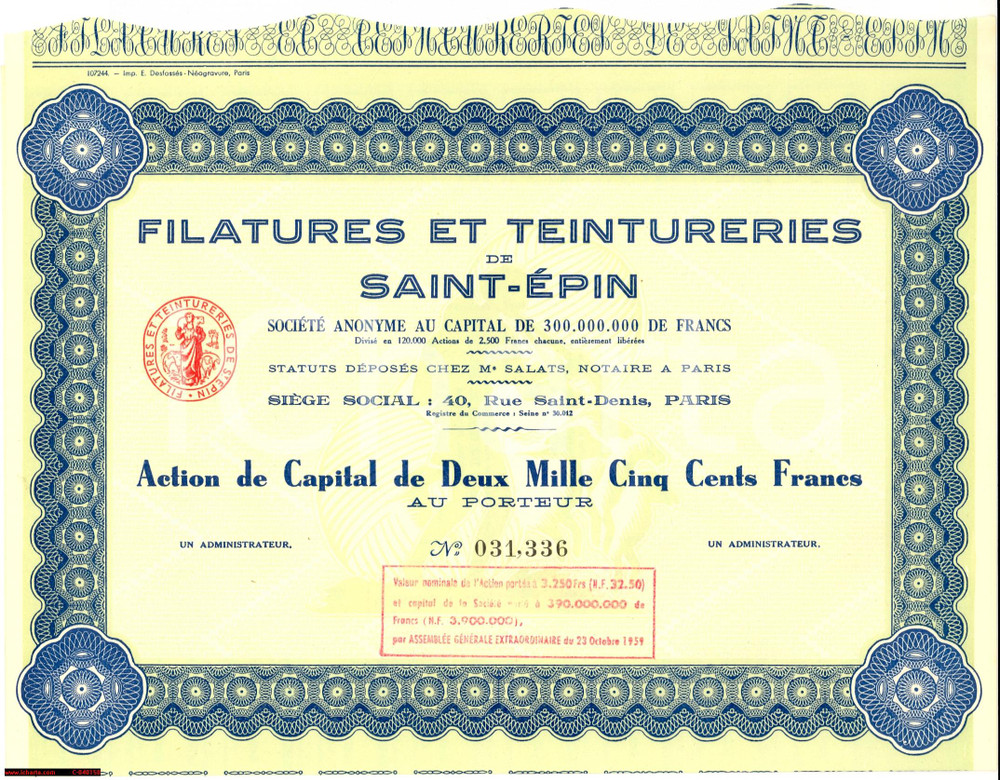 Oggetto da collezione cartaceo 1959 FRANCE Filatures et Teintureries SAINTEPIN Actions 2500 Francs 1