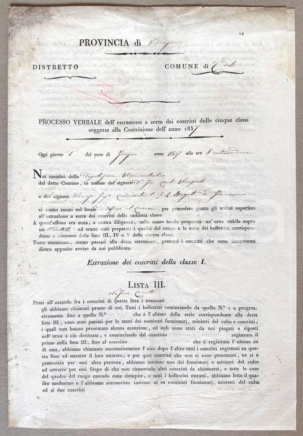 Documento originale, autentico 1837 EDOLO (BS) Estrazione a sorte coscritti per leva - Verbale 1