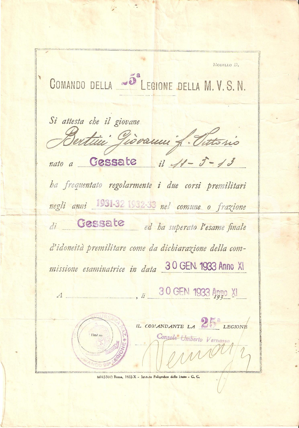 Documento originale, autentico 1933 MVSN GESSATE MI Giovanni BERTINI idoneo milizia 1