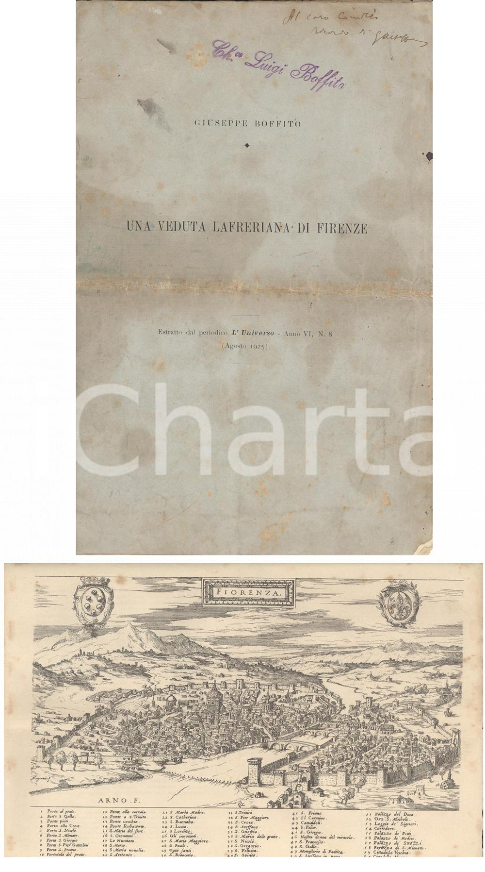 Libro, pubblicazione d'epoca 1925 Giuseppe BOFFITO Veduta lafreriana Firenze Autogr. 1
