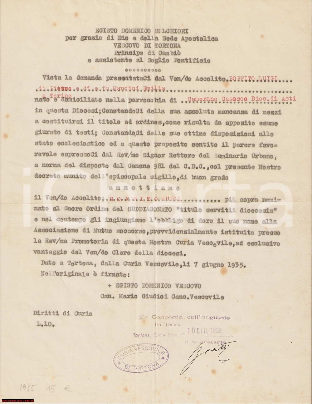 Documento originale, autentico 1935 CAMERANO CASASCO (AT) Luigi BOFFITO ammesso al suddiaconato 1