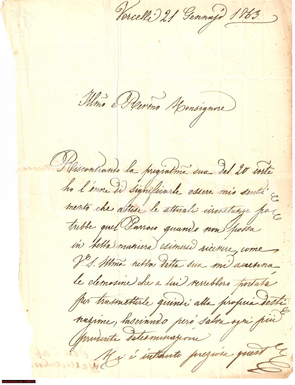 Manoscritto, lettera originale 1863 VERCELLI Don Alessandro pro riscossione elemosine 1