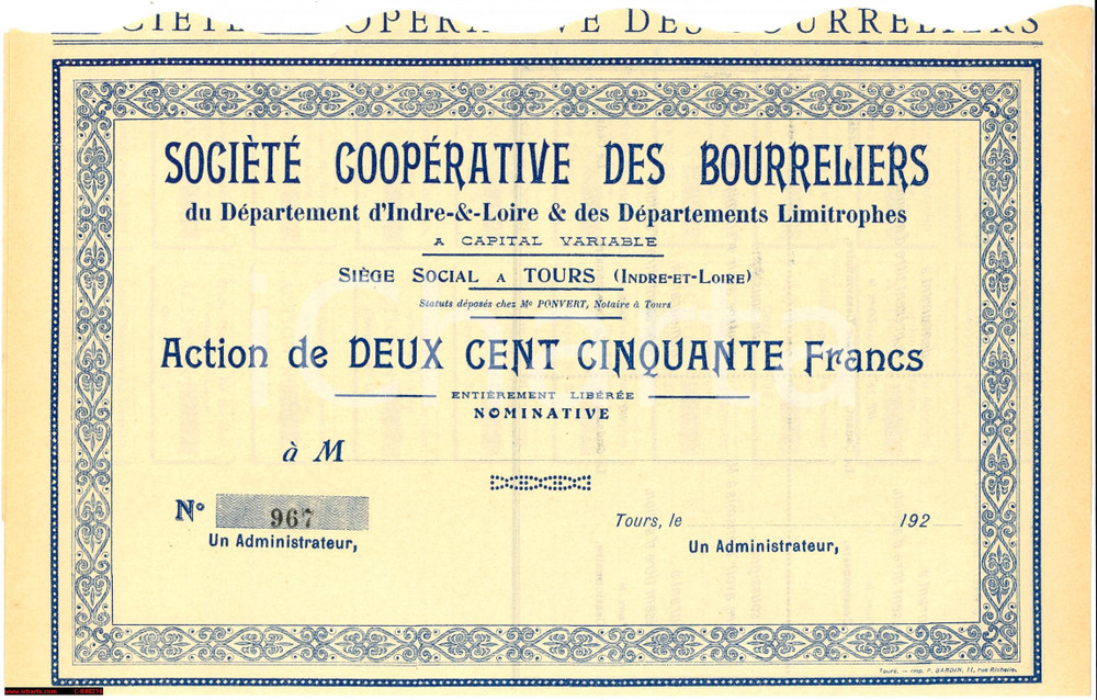 Oggetto da collezione cartaceo 1920 TOURS FR Action SociÃ©tÃ© CoopÃ©rative BOURRELIERS 1