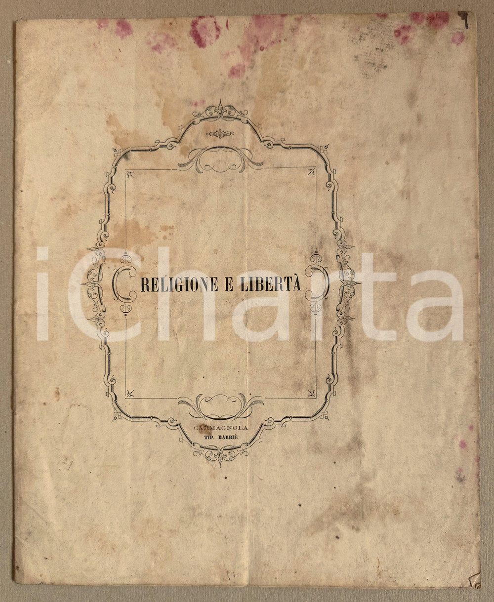 Documento originale, autentico 1858 CARMAGNOLA TO Religione e libertà Ode Mons. SOLA vescovo di Nizza 1
