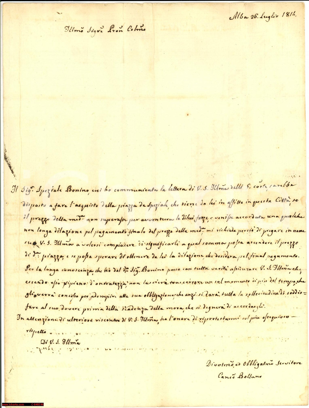 Manoscritto, lettera originale 1814 ALBA (CN) BONINO acquista la piazza da speziale 1