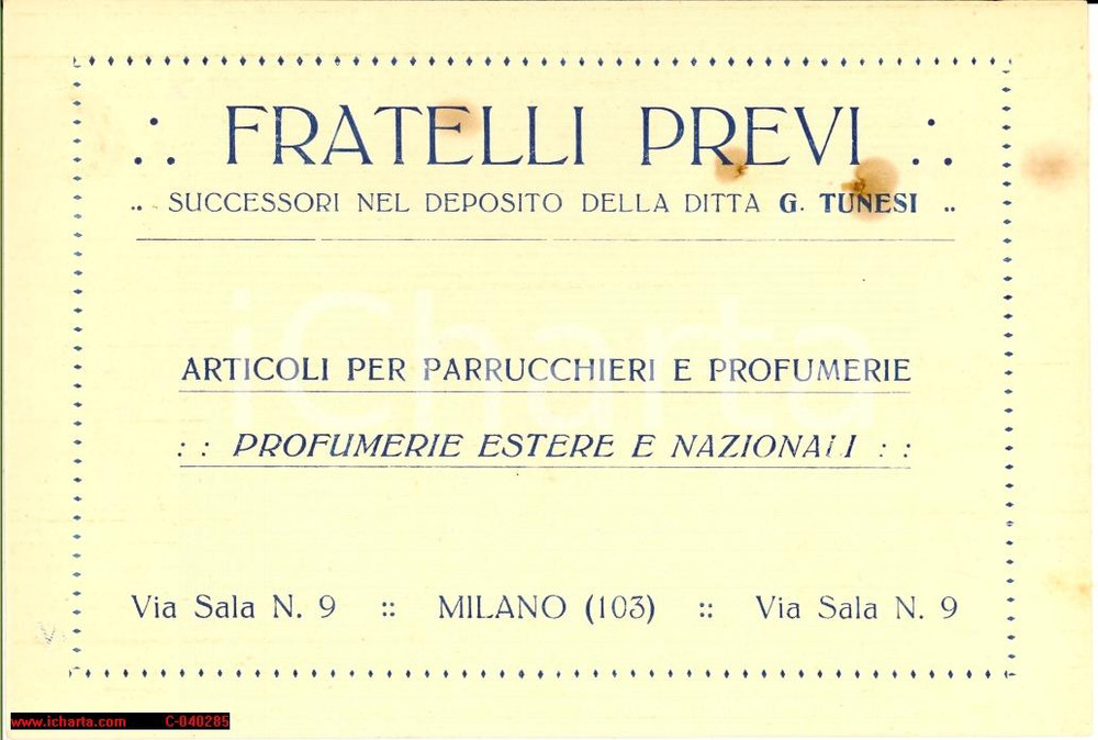 Oggetto da collezione cartaceo 1928 MILANO F.lli PREVI Parrucchieri e profumerie 1