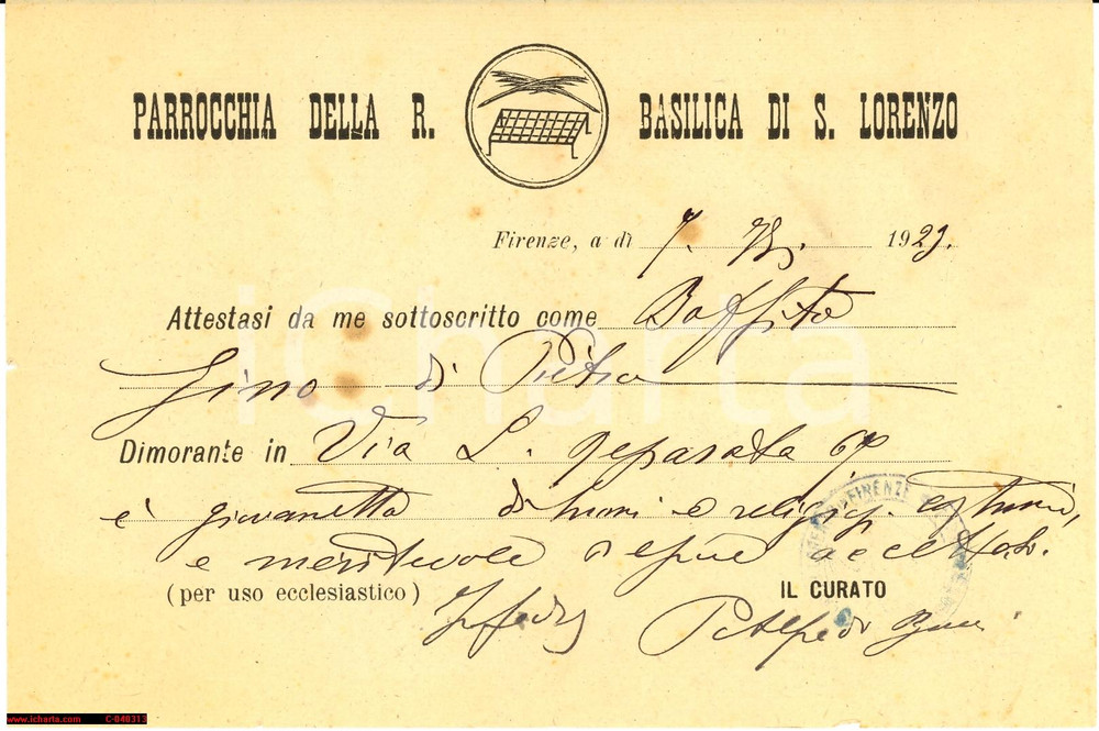Documento originale, autentico 1929 FIRENZE Basilica S. LORENZO MoralitÃ  Gino BOFFITO 1
