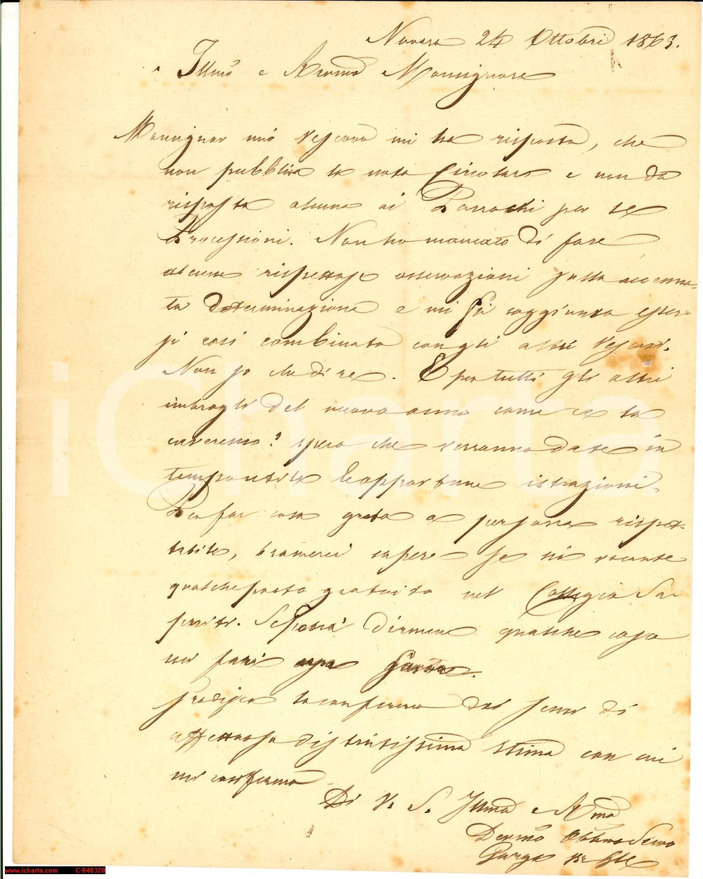 Manoscritto, lettera originale 1863 NOVARA Don GARGA lamenta assenza direttive Vescovo 1