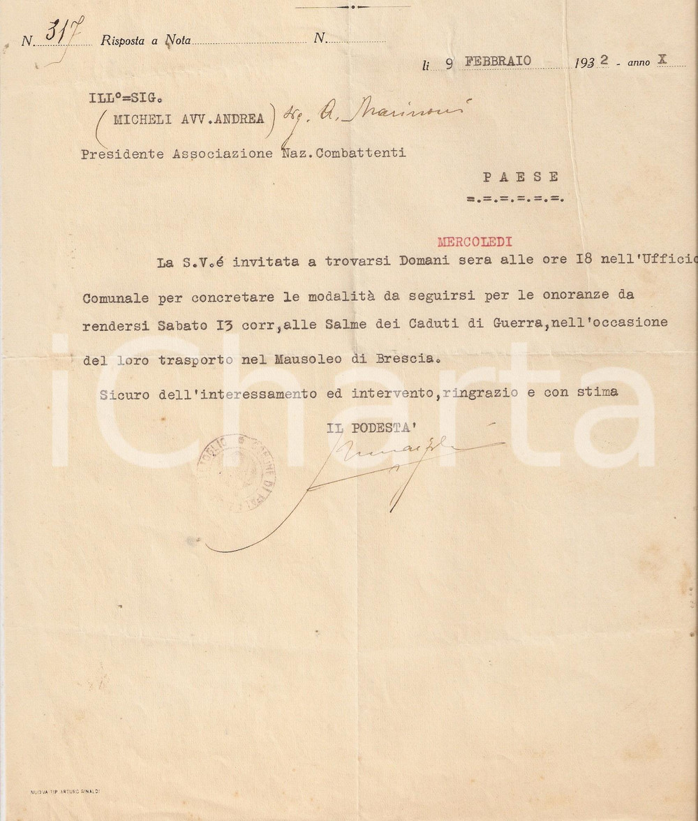Documento originale, autentico 1932 PALAZZOLO SULL'OGLIO (BS) Invito ad Andrea MICHELI per onoranze Caduti 1