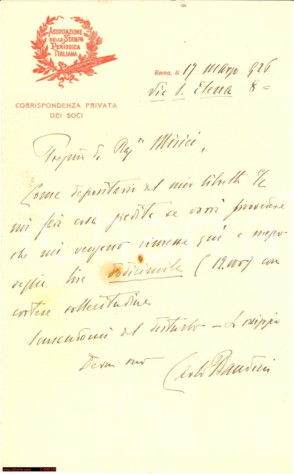 Autografo originale 1926 ROMA Carlo BANDINI sollecita compensi Autografo 1