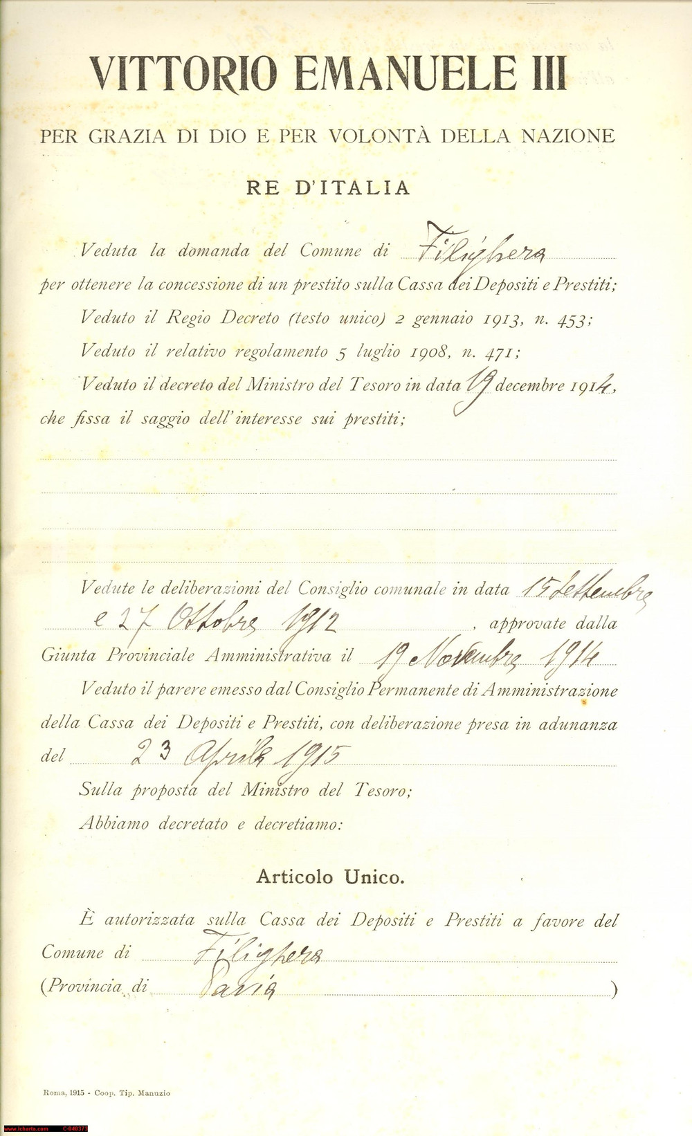 Documento originale, autentico 1915 FILIGHERA (PV) Perforazione pozzi acqua potabile 1