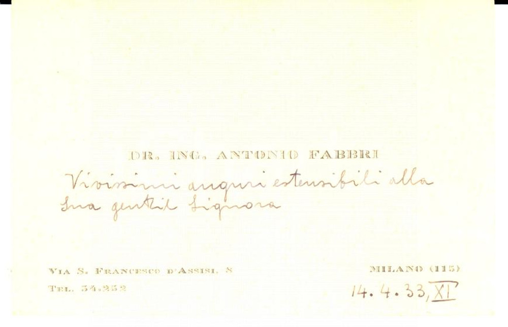 Autografo originale 1933 MILANO Biglietto da visita ing. Antonio FABBRI *Autografo 1