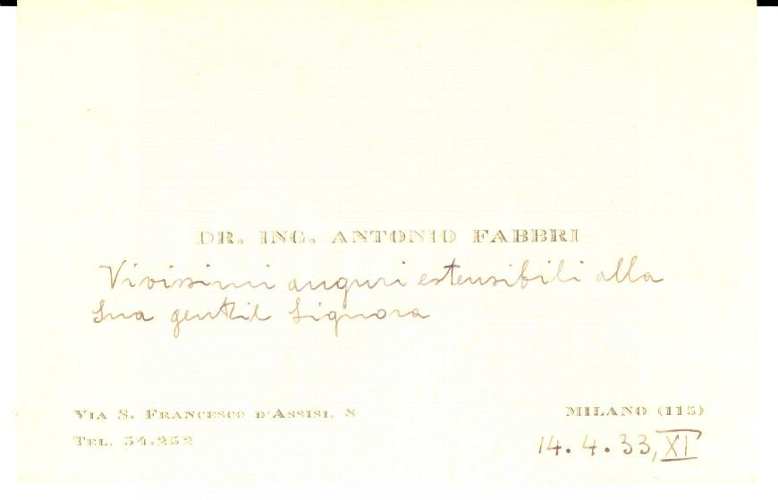 Autografo originale 1933 MILANO Biglietto da visita ing. Antonio FABBRI Autografo 1