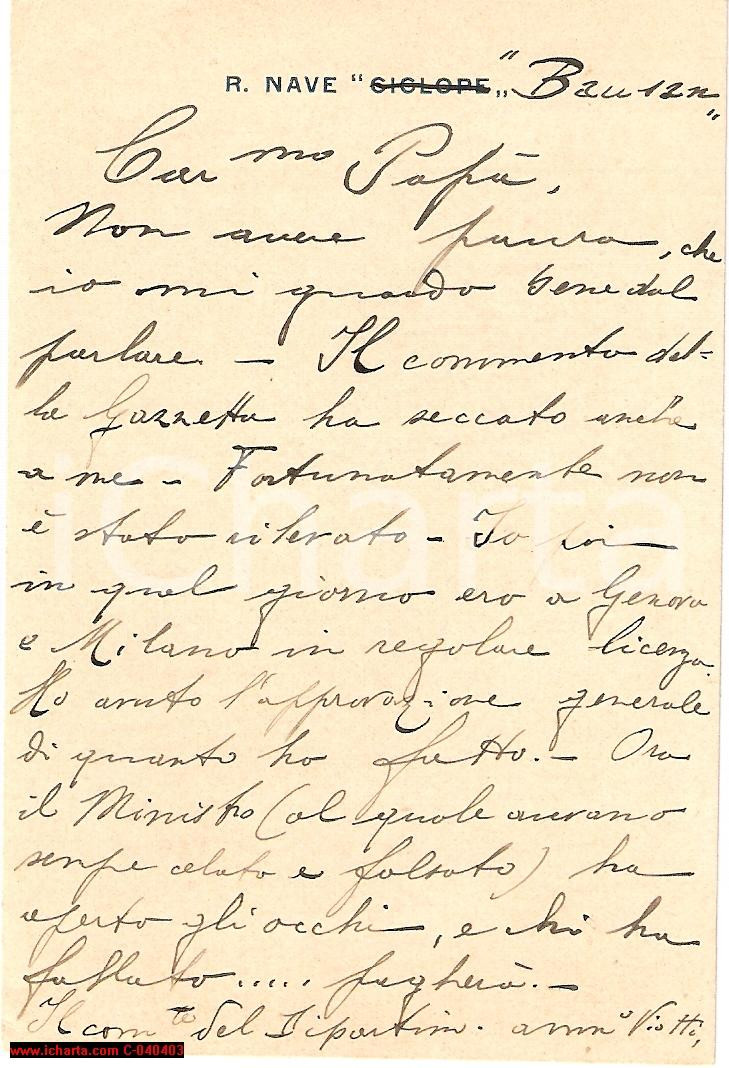 Manoscritto, lettera originale 1900 ca Regia Nave BAUSAN Ministro punisce giornalisti 1