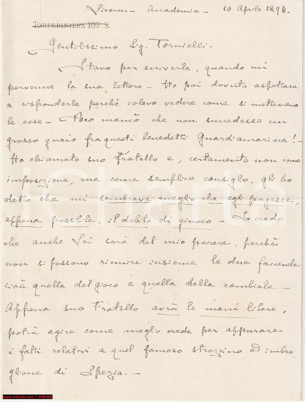 Manoscritto, lettera originale 1896 LIVORNO Torpediniera 103.S Debiti di gioco TORNIELLI Accademia Navale 1