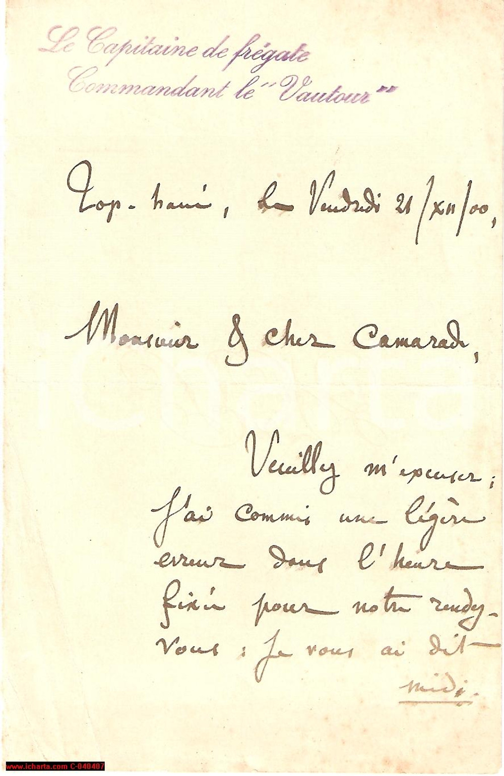 Autografo originale 1900 TOPHANE Commandant Emile GUEPRATTE Autographe 1