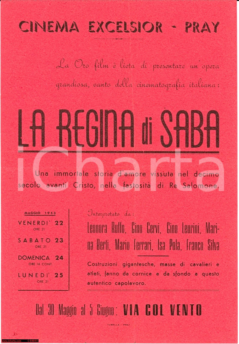 Oggetto da collezione cartaceo 1953 PRAY (BIELLA) Film La Regina di SABA al Cinema EXCELSIOR *Volantino 1