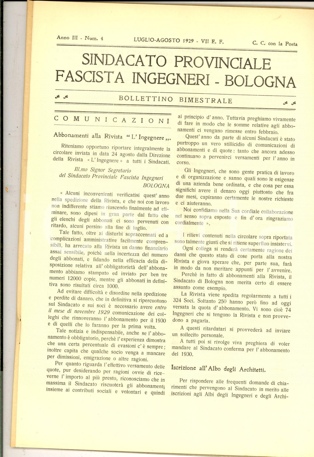Giornale, rivista storica 1929 BOLOGNA Bollettino Sindacato Ingegneri  Congresso Internazionale Miniere 1