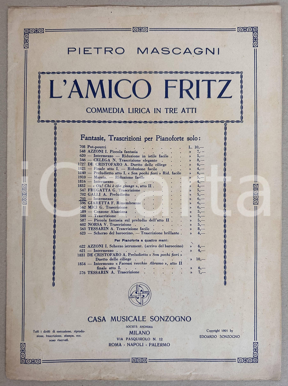 Oggetto da collezione cartaceo 1891 SUARDON  MASCAGNI L amico Fritz  Commedia lirica in tre atti Spartito 1