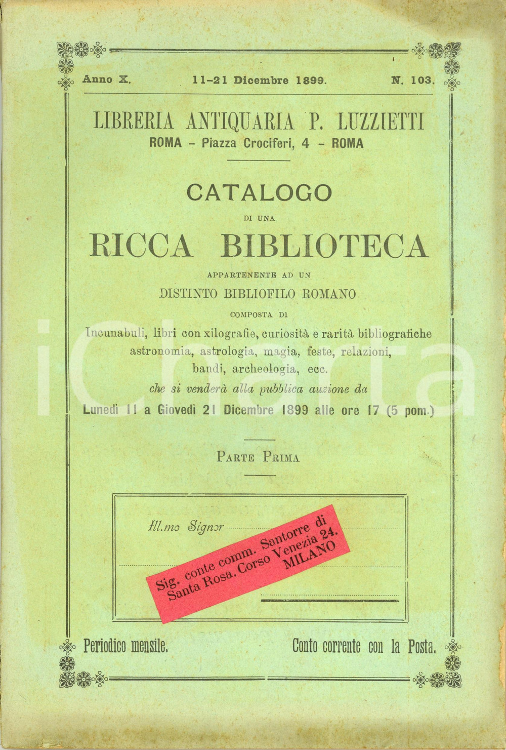 Libro, pubblicazione d'epoca 1899 ROMA Pio LUZZIETTI Catalogo biblioteca di un distinto bibliofilo romano 1