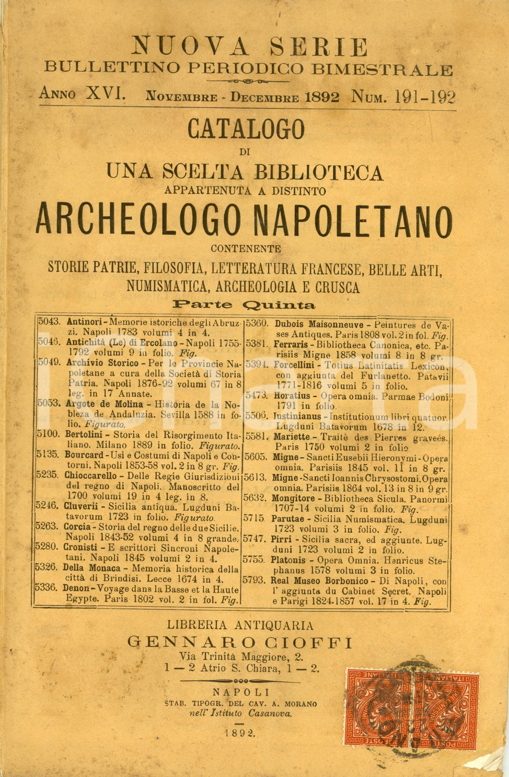Libro, pubblicazione d'epoca 1892 NAPOLI Libreria Gennaro CIOFFI Catalogo biblioteca di archeologo *Parte V 1
